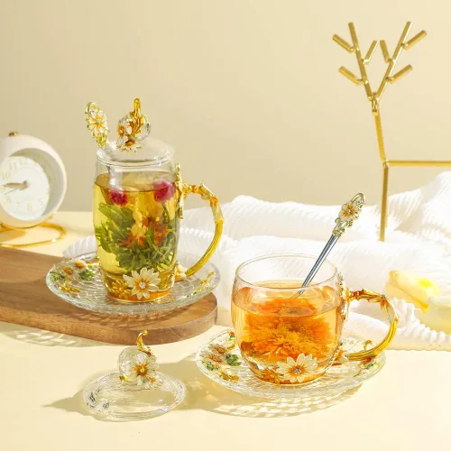 Miniatura 4 de Regalo para Mujeres Navidad Cumpleaños Día de la Madre Taza de Té de Vidrio con Tapa Bonita Taza de Café Margarita Flor Vintage (11oz YellowDaisy)