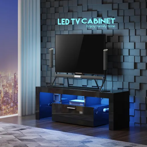 Miniatura 7 de Moderno soporte de TV negro para TV de 32/40/50/55+ pulgadas, consola de TV centro de entretenimiento, soporte de mesa de TV LED con almacenamiento