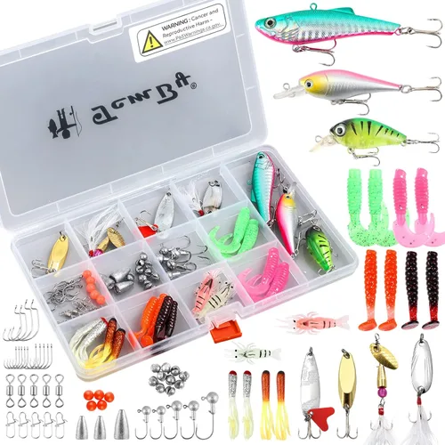 TCMBY Juego de señuelos de pesca para pesca de lubina de trucha de agua dulce, incluyendo accesorios, caja de aparejos de pesca, crankbait, cuchara,