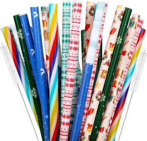 Miniatura 7 de JANYUN 40 piezas de pajitas reutilizables sin BPA de 9" con impresión colorida, pajitas de plástico duro con rayas para tarro de masón, vaso, uso