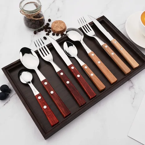 Miniatura 2 de Juego de cubiertos de madera de acero inoxidable 304 con mango ancho, juego de cubiertos de madera duradera, utensilios reutilizables, espejo