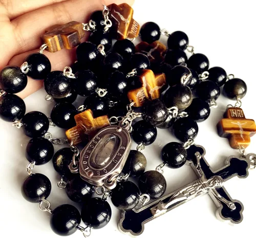 Miniatura 6 de elegantmedical Hecho a mano católico negro 0.394 in oro obsidiana cuentas Lourdes medalla de agua rosario cruz collar caja para hombre mujer regalo