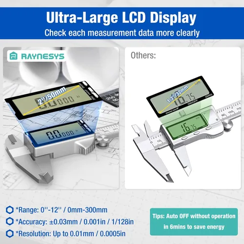 Miniatura 3 de Raynesys Calibre Digital de 6 Pulgadas con Gran Pantalla LCD, Conversión de Pulgadas/MM/Fracciones, Calibre de Micrómetro de 150mm, Herramienta