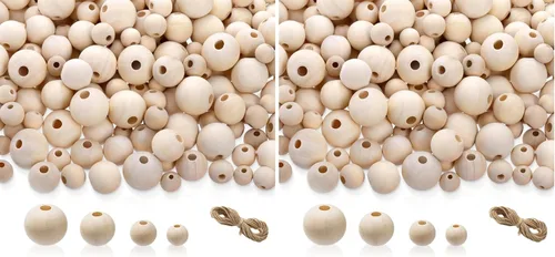 Miniatura 10 de Foraineam Juego de 1200 cuentas redondas de madera natural, cuentas sueltas de madera natural, 4 tamaños de 0.394 in, 0.472 in, 0.630 in, cuentas