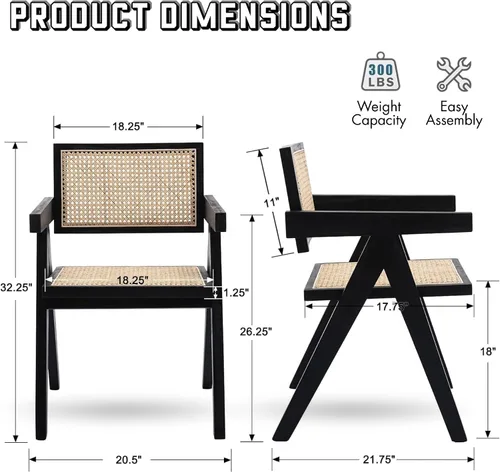 Miniatura 6 de Hyfirm Juego de 2 sillas de comedor de ratán negro, sillas de comedor de madera y caña de granja con asiento de bastón, sillones de cocina de ratán