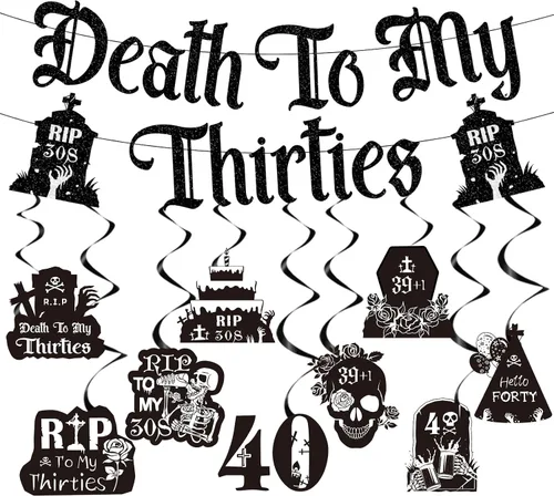 Miniatura 13 de Decoraciones de Death to My 20 – 14 piezas negras para decoración de fiesta de cumpleaños de 30 años, pancarta colgante de remolinos rasgados a mis