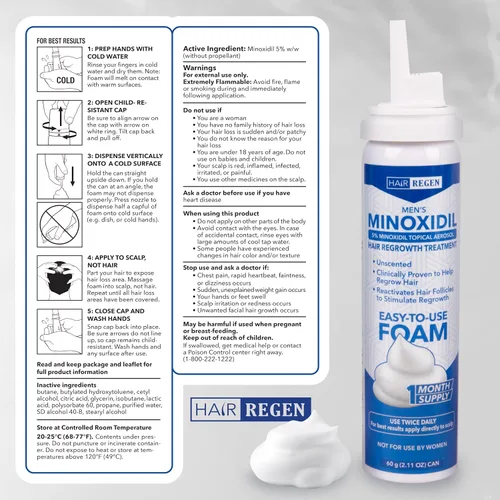 Miniatura 3 de Hair Regen Minoxidil Foam para hombres 5% - Tratamiento de crecimiento del cabello para hombres para él - Espuma tópica Minoxidil para hombres