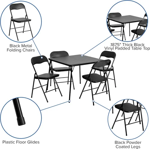 Miniatura 5 de HBCY Creations Juego de mesa y silla plegables comerciales de 5 piezas, mesa de vinilo negro, marcos de metal negro, asientos para 4
