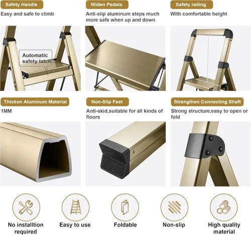 Miniatura 3 de Escalera plegable de 3 peldaños con acabado dorado champán, trípode antideslizante, máximo 330 libras