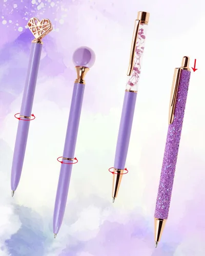 Miniatura 4 de PENTA ANGEL Juego de 4 bolígrafos de tinta negra, metal con purpurina, bolígrafos de regalo femeninos para mujeres, bodas, oficina (morado)