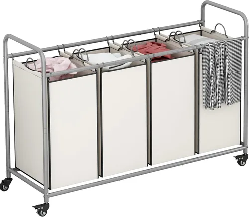 Miniatura 7 de LINZINAR Clasificador de ropa sucia de 3 bolsas, carrito cesto de ropa sucia con ruedas rodantes resistentes y con bloqueo y bolsas removibles