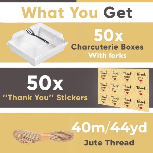 Miniatura 3 de Leafiew Paquete de 50 Cajas Pequeñas de Charcutería con Tapas Transparentes y Tenedores – Mini Caja de Charcutería de Papel Para Llevar, Blanco