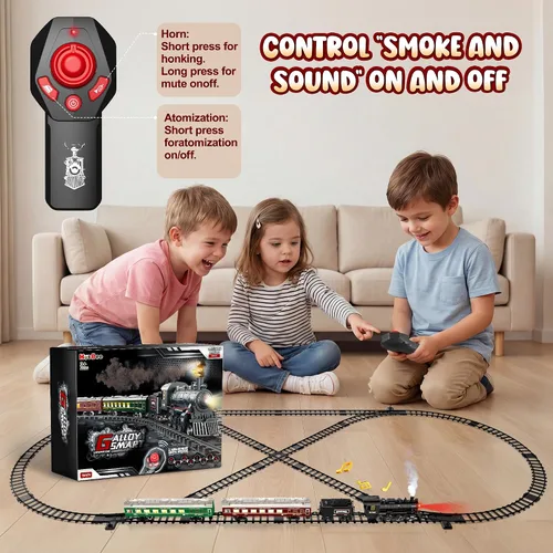 Miniatura 4 de Hot Bee Juego de Tren, Juguetes de Tren con Control Remoto y Pista de Lujo y Vagoneta Iluminada, Tren de Navidad de Metal para Árbol de Navidad