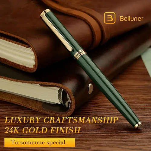 Miniatura 3 de BEILUNER Pluma estilográfica verde racing, impresionantes plumas de lujo con acabado de oro de 24 quilates, hermosa plumilla dorada de 24 quilates