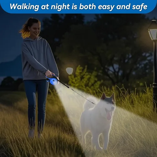 Miniatura 6 de Correa retráctil resistente de 26 pies para perros grandes, correa de perro con soporte para bolsa de excrementos, hasta 100 libras, con luz LED