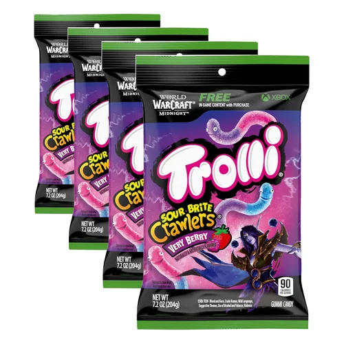 Trolli - Gusanos de goma ácidos de frutos rojos, 7.2 onzas, paquete de 4 | Sour Brite Crawlers