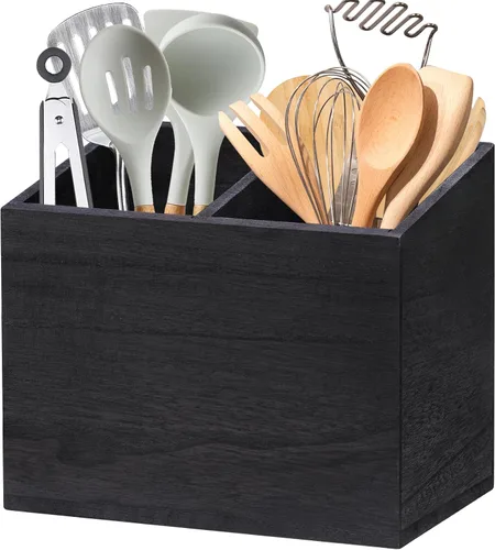 Miniatura 9 de Organizador de utensilios de cocina de madera con 2 compartimentos, soporte rústico para encimera de cocina, caja organizadora de utensilios