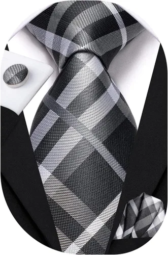 Miniatura 290 de Hi-Tie Corbata clásica de cachemira para hombre con pañuelo y gemelos a cuadros