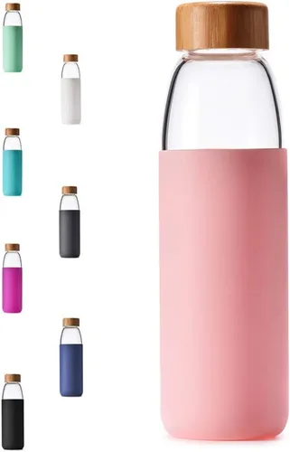 Miniatura 19 de Botellas de agua de vidrio de borosilicato de 25 onzas con tapa de bambú, sin BPA, funda de silicona antideslizante y tapa a prueba de fugas de Azul