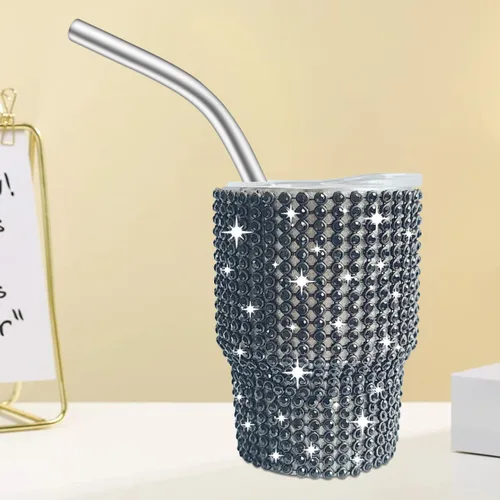 Miniatura 3 de INSTOME Vaso de chupito brillante de 3 onzas, mini tazas con tachuelas de diamantes de imitación con pajitas, brillo similar a un diamante para Negro