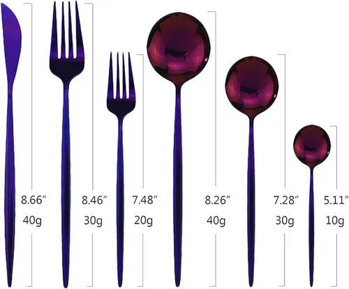 Miniatura 7 de Juego de cubiertos de 24 piezas de acero inoxidable 18/0, incluye cuchillos, tenedor, cuchara y cucharilla, servicio para 4 personas Púrpura