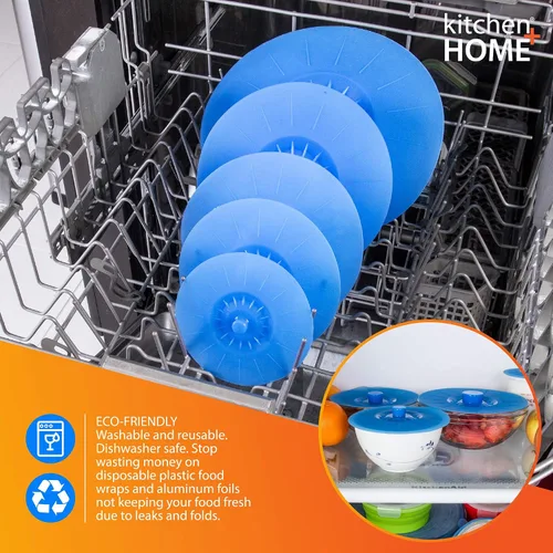 Miniatura 6 de Set de 5 tapas de silicona de diferentes tamaños para tazas, cuencos, ollas o contenedores., Azul