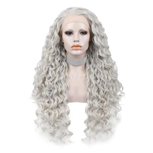 Miniatura 2 de Imstyle Pelucas de encaje frontal gris claro, peluca de pelo sintético gris rizado para mujer, cosplay, fiesta, Halloween, rebote, pelo esponjoso