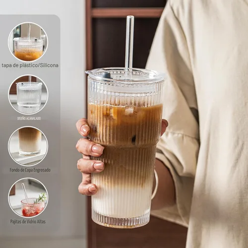 Miniatura 4 de INSETLAN Vasos de vidrio acanalado de 20 onzas con tapas y popotes de vidrio, juego de 4 piezas de cristalería, pared gruesa, ideal para café