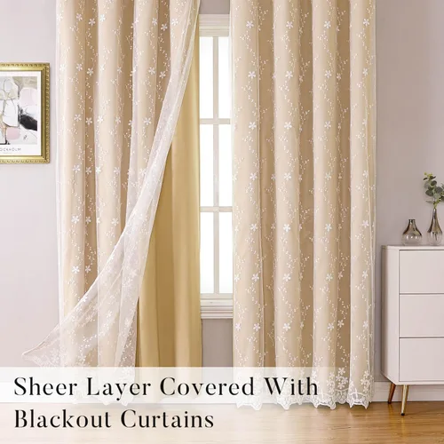 Miniatura 5 de WUBODTI Cortinas de encaje blanco de lujo de 63 pulgadas de largo, 2 paneles para dormitorio, bonitas cortinas bordadas florales de vid con ojales