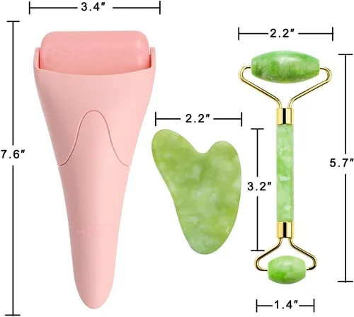 Miniatura 6 de AECW Juego de rodillo de jade natural 3 en 1 y Gua Sha para cara y ojos, rodillo de masaje de enfriamiento facial Rodillo de hielo rosa + rodillo