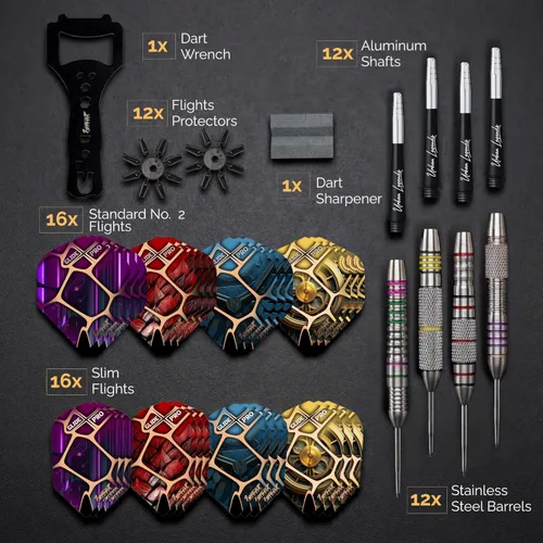 Miniatura 6 de IgnatGames Juego de puntas de metal para dardos – Paquete de 12 dardos de punta de acero con 32 vuelos GlideXPro, empuñaduras de barril multizona