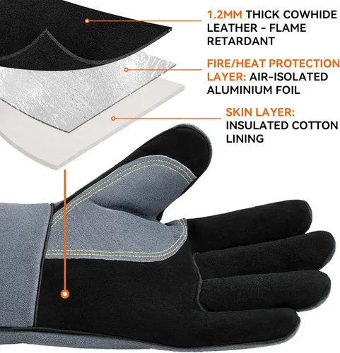 Miniatura 2 de Guantes de soldadura Mig/Stick resistentes al calor de 932 °F de cuero de vaca de 14 pulgadas, guantes de barbacoa de manga larga y forro aislado