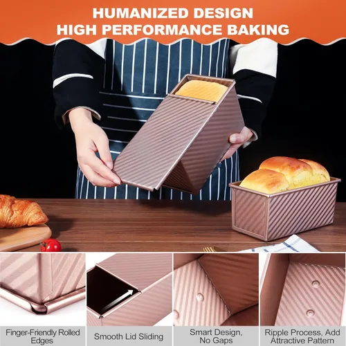 Miniatura 6 de Pavsrmy Paquete de 2 moldes para pan Pullman con tapa, capacidad para 1 lb/0.5 lb de masa, molde premium para pan de sándwich con tapa, molde