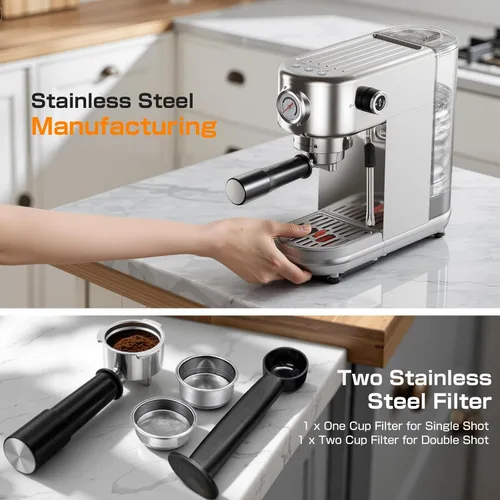 Miniatura 8 de Atatix Máquina de Café Espresso Mejorada, Cafetera Espresso Compacta de 20 Bares con Espumador de Leche, Cafetera de Acero Inoxidable con Tanque