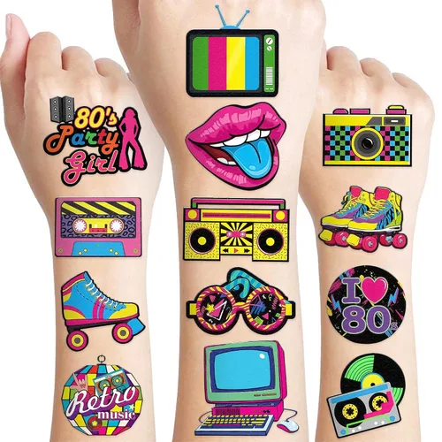 Miniatura 10 de 96 piezas de tatuajes temporales precortados que brillan en la oscuridad de los años 80 para decoración de fiesta de cumpleaños, suministros