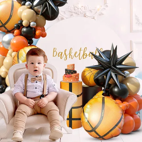 Miniatura 3 de Kit de guirnalda de arco de globos de baloncesto, 103 globos de fiesta de baloncesto, guirnalda de globos naranja y negro para niños y niñas
