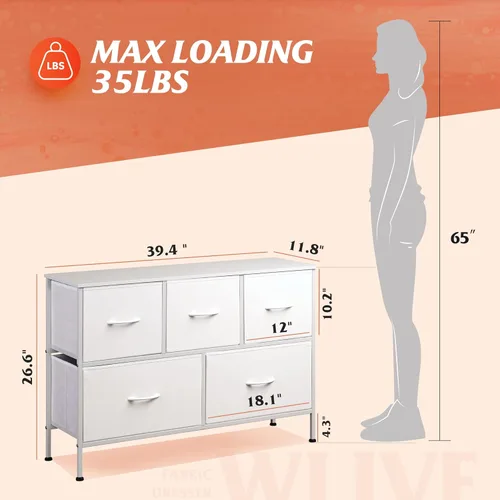 Miniatura 3 de WLIVE Cómoda blanca para dormitorio con 5 cajones, cómoda de tela con organizadores de cajones, unidad organizadora de almacenamiento para pasillo