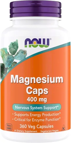 Suplementos NOW Magnesium 400mg - Funciones enzimáticas*, Apoyo al sistema nervioso* - Suplemento de magnesio para hombres y mujeres, 360 cápsulas