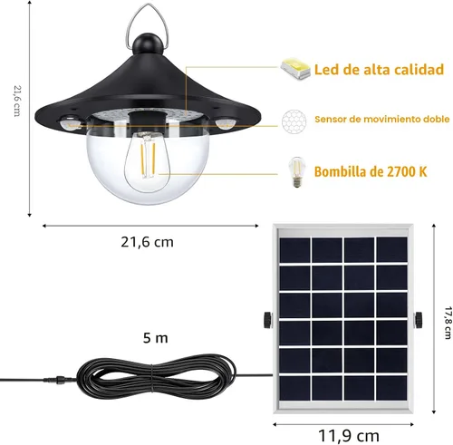 Miniatura 7 de Auzev Luz Solar para Cobertizo Interior Exterior Luces Colgantes Alimentadas por Energía Solar con 2 Sensores de Movimiento, Lámpara Colgante Solar