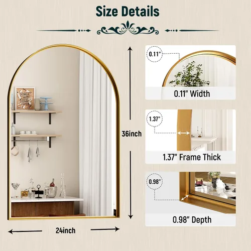 Miniatura 5 de GLSLAND Espejo de baño arqueado de 24 x 36 pulgadas para pared, marco de aleación de aluminio, espejo montado en la pared para decoración de baño