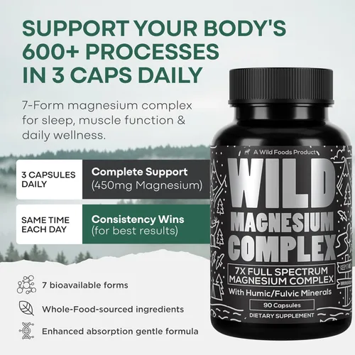 Miniatura 4 de Wild Foods Suplemento complejo de magnesio con formas 7X Alta absorción, espectro completo, fácil digestión 500 mg de glicinato, bisglicinato