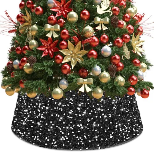 FUHSY Collar Negro de Árbol de Navidad de 24 Pulgadas, Falda de Árbol de Navidad con Lentejuelas, Terciopelo Metálico, Falda de Árbol de Halloween,