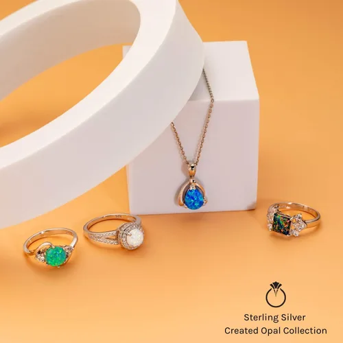Miniatura 5 de Anillo de ópalo creado, plata esterlina con 3 gemas, 1.75 quilates, tamaños 5 a 9.