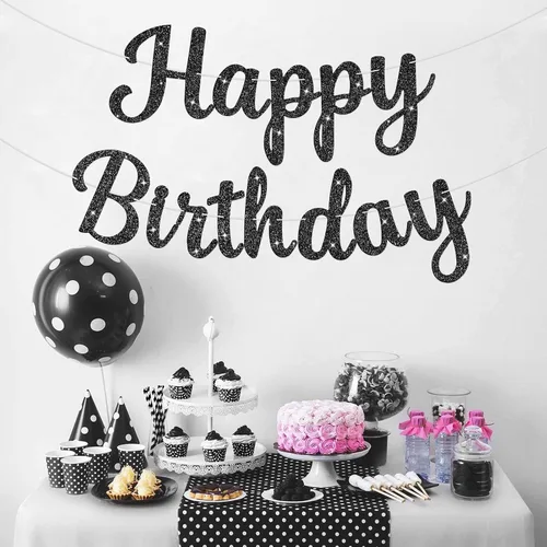 Miniatura 6 de Letrero de Pancarta de Feliz Cumpleaños Negro con Purpurina, Guirnalda de Cumpleaños Pancartas de Pared y Puerta Bandera para Mujeres Hombres Niños