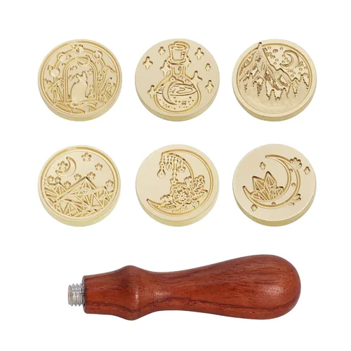 Miniatura 4 de SWANGSA Juego de sellos de cera, 6 cabezales de sello de sellado de la serie Moon vintage y 1 kit de sello de cera con mango de madera