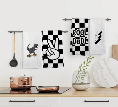 Miniatura 4 de Juego de 4 toallas de mano a cuadros modernos para niños, decoración de baño para niños, regalos de Dinasours, paños de cocina para cocina, paño