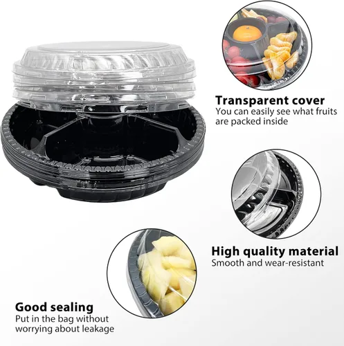 Miniatura 5 de 12 bandejas desechables para frutas, bandeja redonda de plástico para servir aperitivos con tapa, 5 compartimentos, platos de fiesta, recipientes