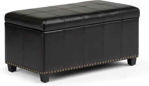 SIMPLIHOME Amelia - Otomana de almacenamiento, banco otomano rectangular de cuero vegano de 33 pulgadas de ancho en negro medianoche, otomana de