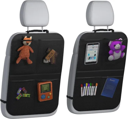 Miniatura 9 de lebogner Funda de asiento trasero para niños + organizador de almacenamiento de 3 bolsillos, paquete de 2 alfombrillas protectoras para asiento Beige