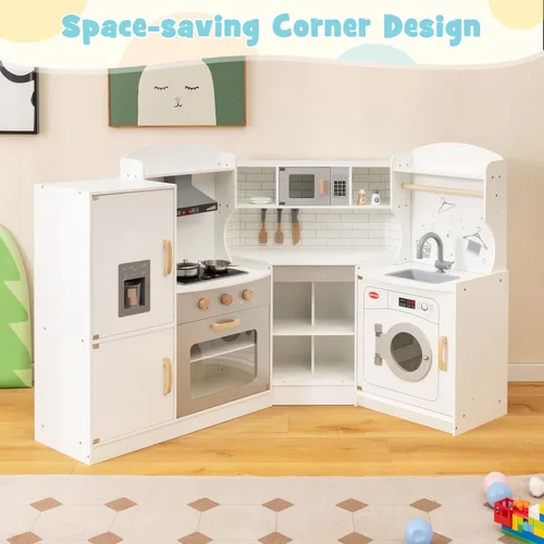 Miniatura 8 de Juego de cocina de esquina de madera para niños con luces y sonidos, juego de cocina de juguete con traje de chef, cocina para niños pequeños